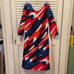 Dress Barn Red and Blue Abstract Long Sleeve Dress